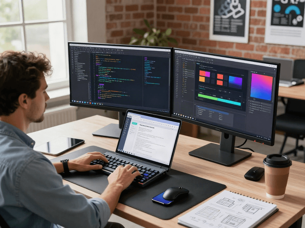 Développeur utilisant Atlas pro dans un espace de travail moderne avec écrans affichant du code et un design d'application.