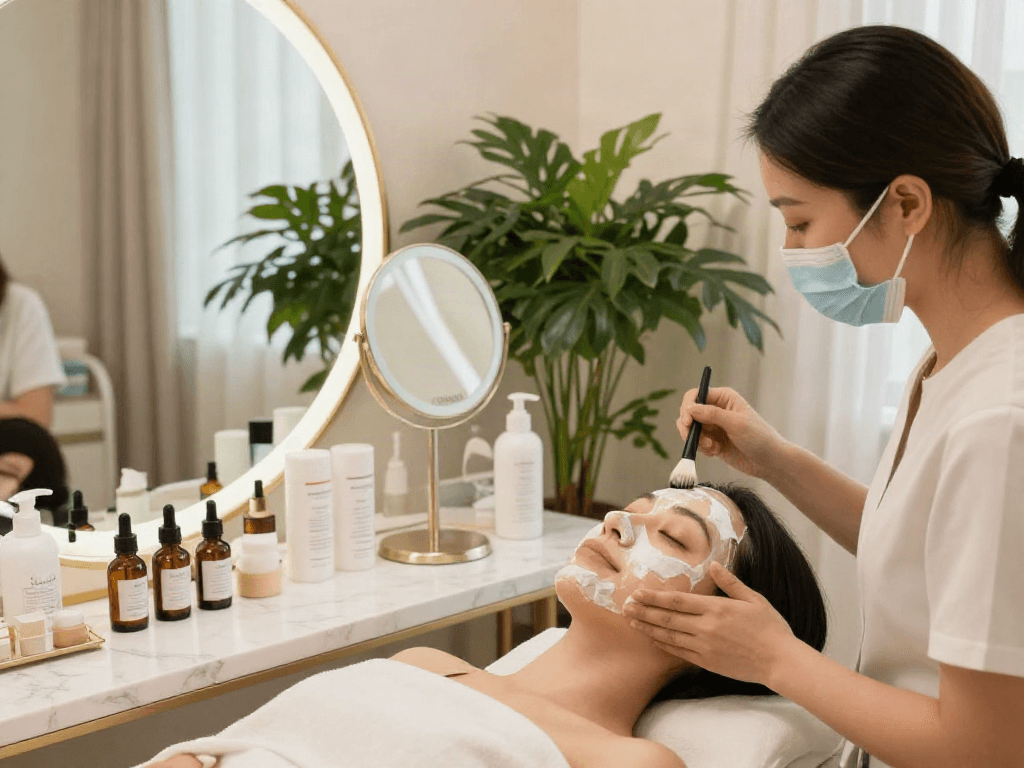 Konsultan kecantikan menerapkan cermin4d pada wanita, dengan produk perawatan kulit mewah di studio modern.
