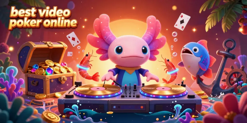 Experience the thrill of the best video poker online with a colorful axolotl DJ and vibrant underwater casino elements.