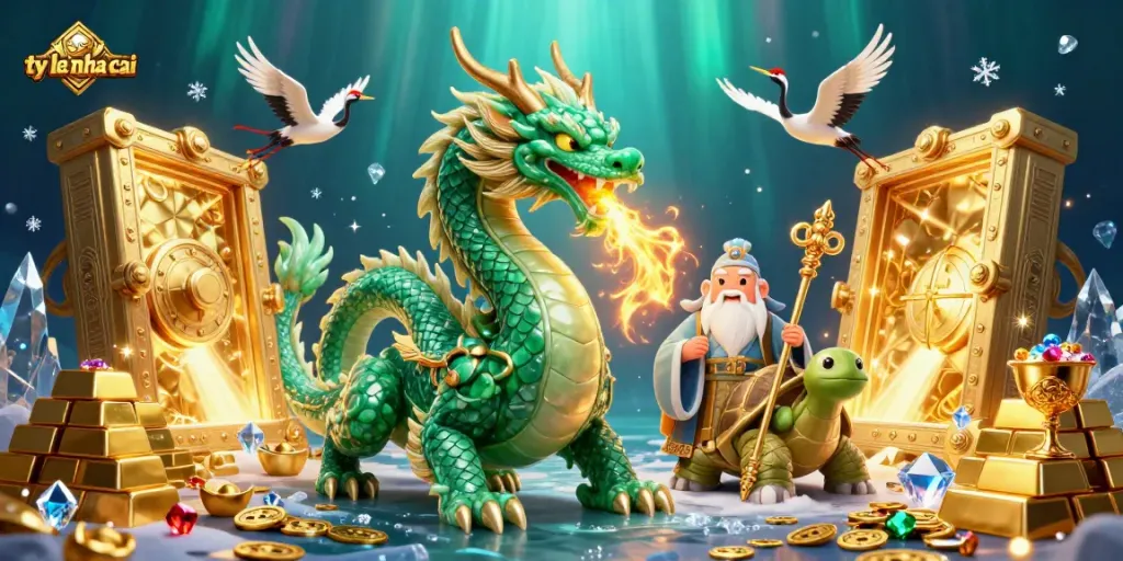 Engage with ty le nha cai through this dynamic scene with a jade dragon and golden treasures.