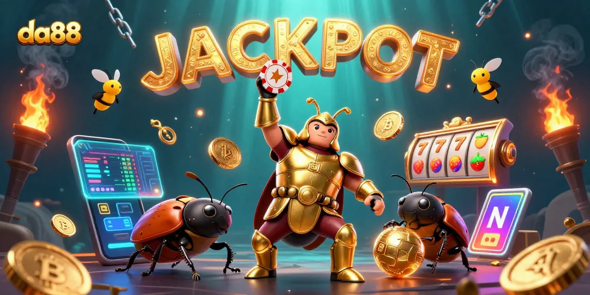Join the da88 action with a victorious hercules beetle amidst shiny slot reels and crypto elements.
