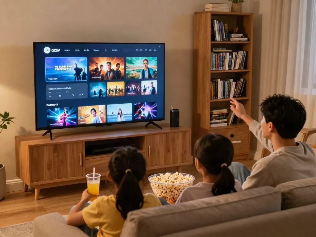 Configuration de cinéma maison avec l'application atlas pro iptv affichant des chaînes en direct.