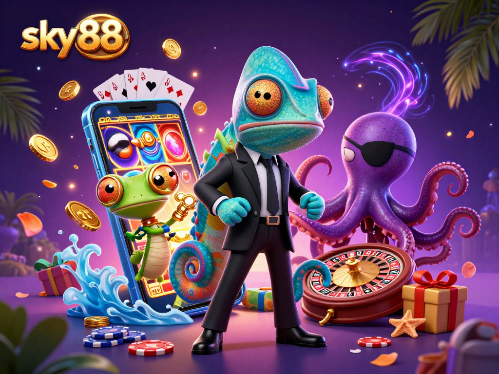 Experience thrill at sky88 with vibrant gaming action featuring exciting characters and casino elements.