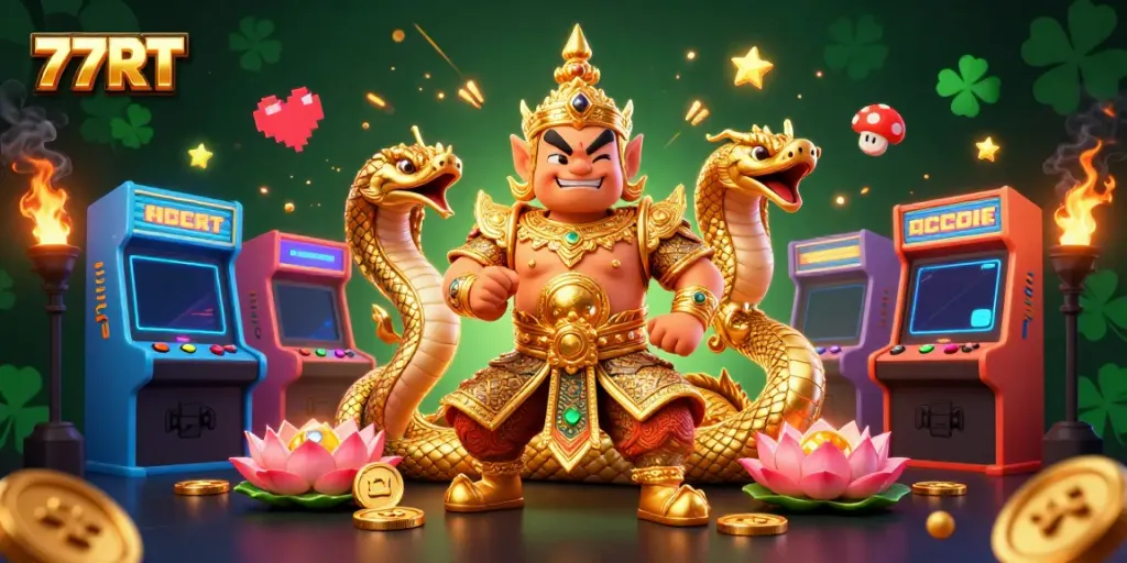 Experience the thrill of 77RT with dynamic gaming elements and vibrant characters in an epic online casino scene.