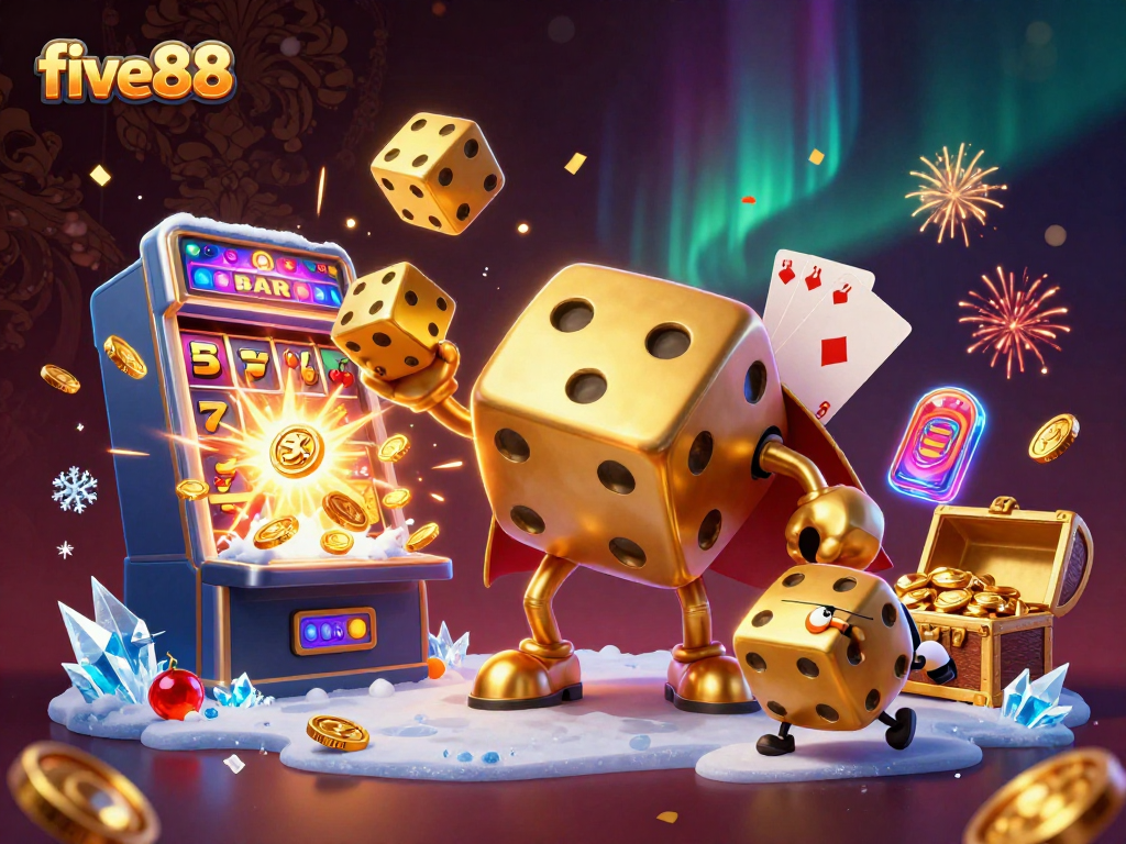 Experience excitement with five88’s dynamic casino illustration featuring rich gaming elements and vibrant characters.