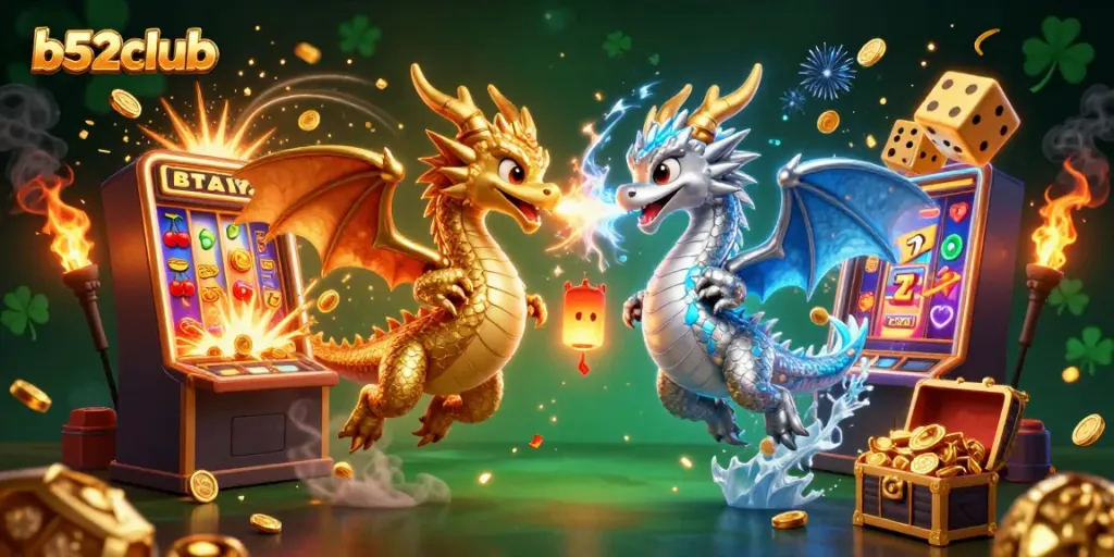 Experience the excitement of b52club with dragons and dynamic casino elements in an engaging 3D illustration.