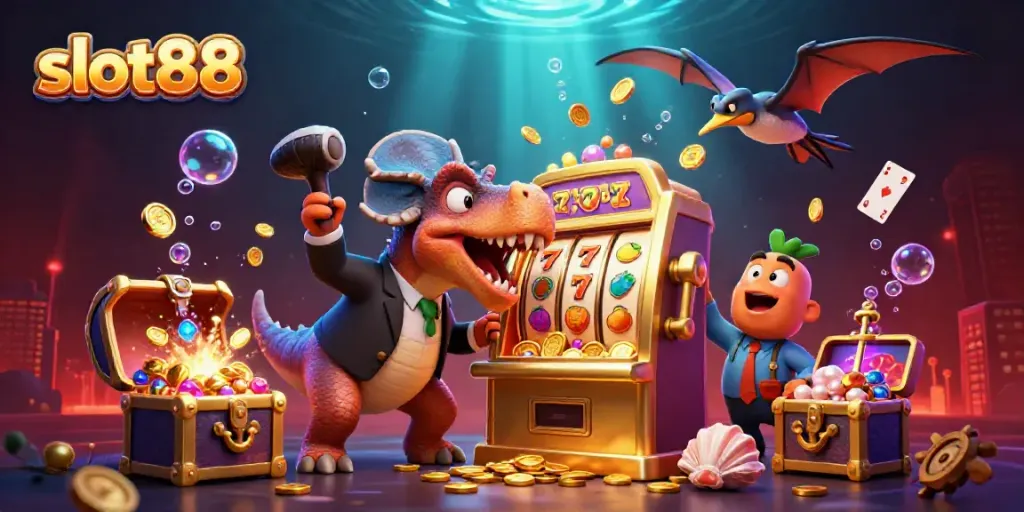 Experience the excitement of slot88 with dynamic cartoon characters celebrating a jackpot in vibrant casino underwater-themed art.