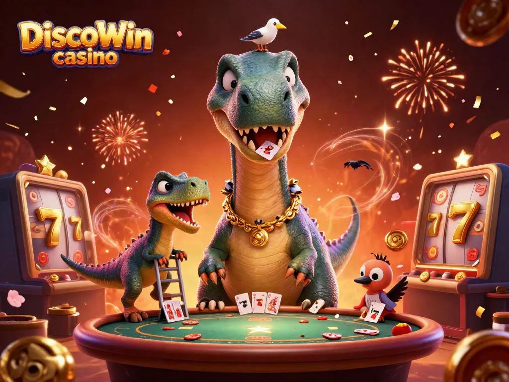 Découvrez l'univers de DiscoWin casino avec un brontosaurus géant et un raptor distribuant des cartes.