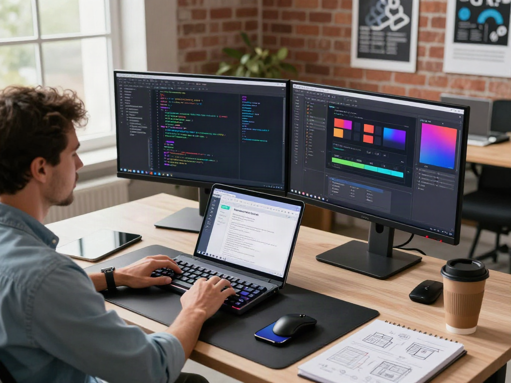 Développeur utilisant Atlas pro dans un espace de travail moderne avec écrans affichant du code et un design d'application.