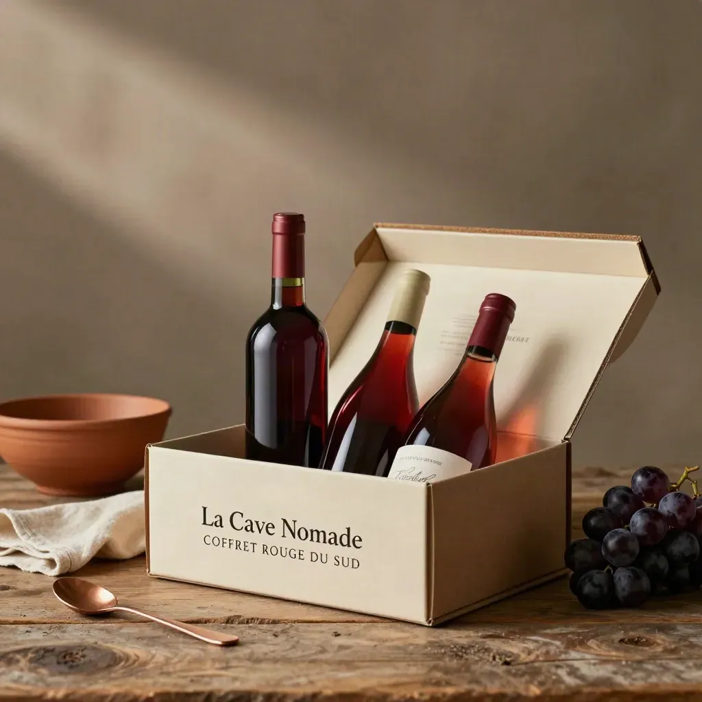 Coffret de trois vins rouges avec raisins, bol en terre cuite et linge sur bois rustique.