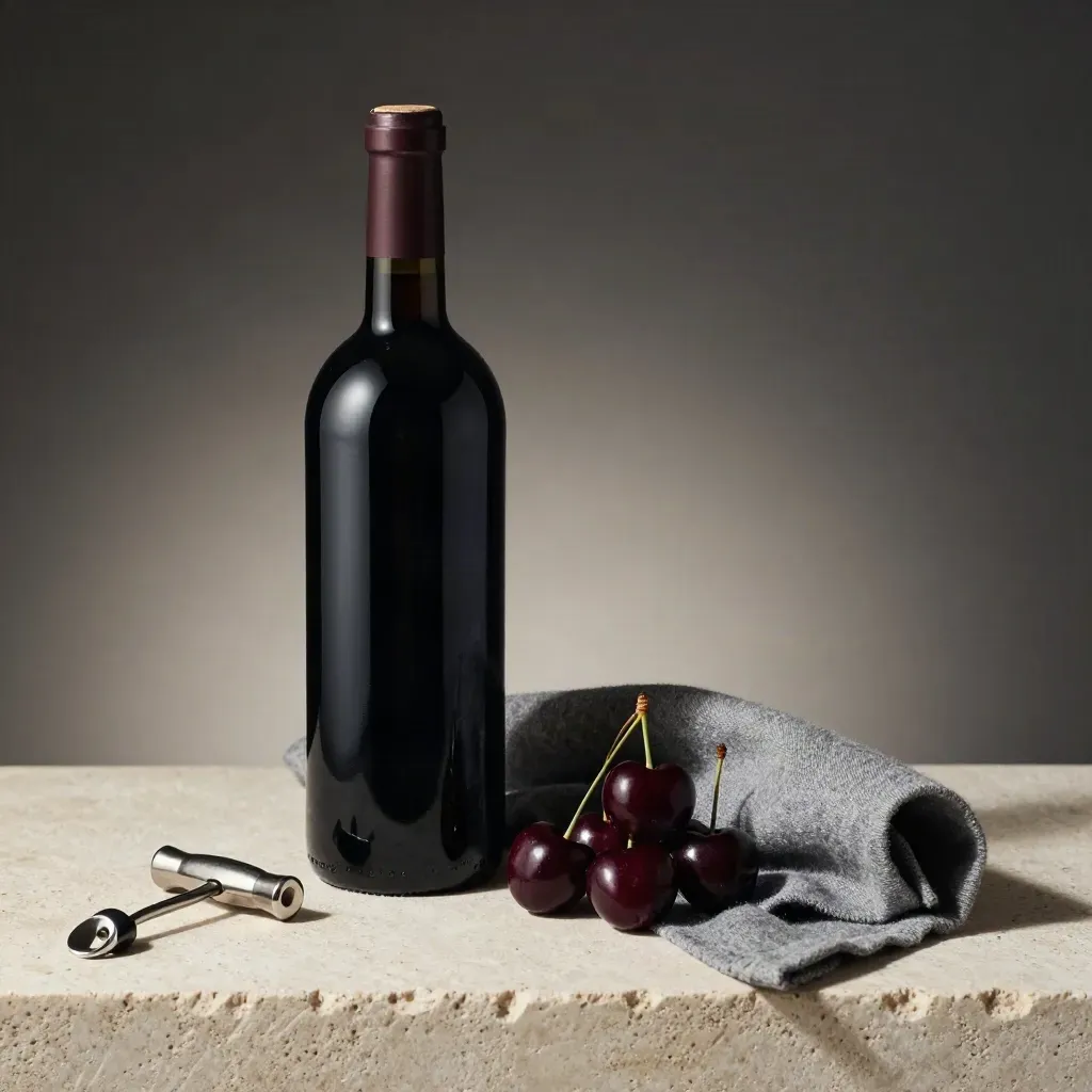 Bouteille de Saint-Émilion, cerises noires et tissu laineux sur socle de pierre.