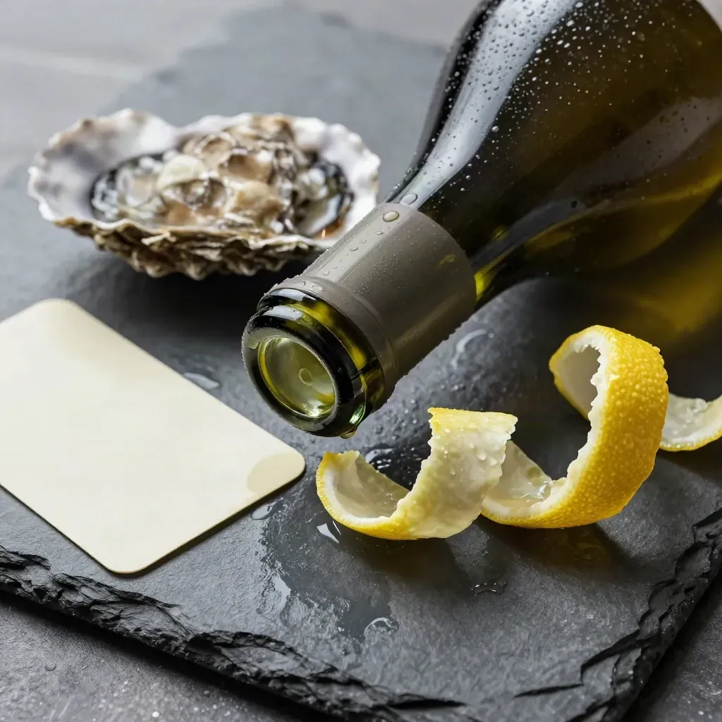 Gros plan d’une bouteille de Muscadet perlée sur ardoise humide, coquille d’huître et zeste de citron.