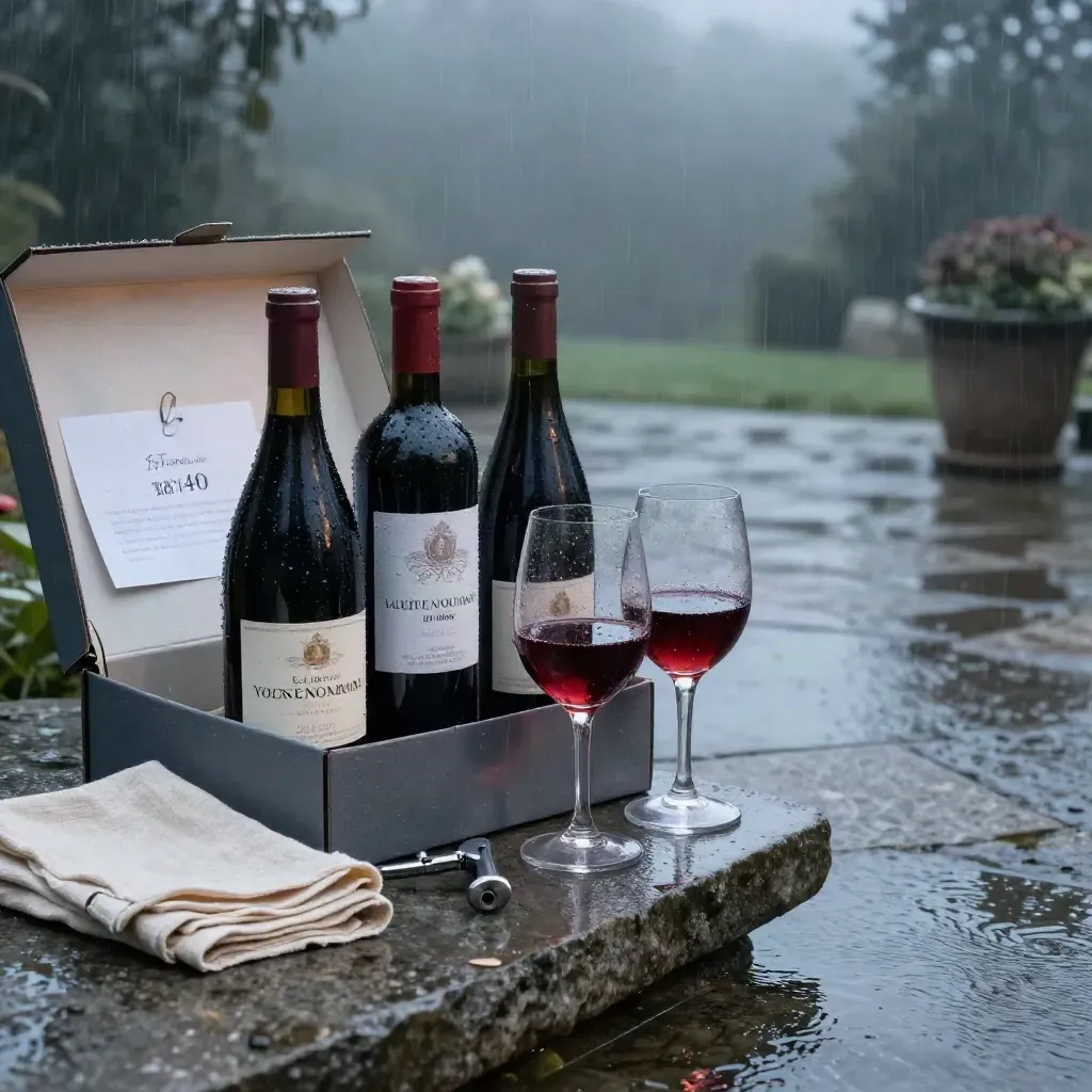 Coffret de vins du Rhône avec bouteilles, verres et linge sur terrasse mouillée au crépuscule.