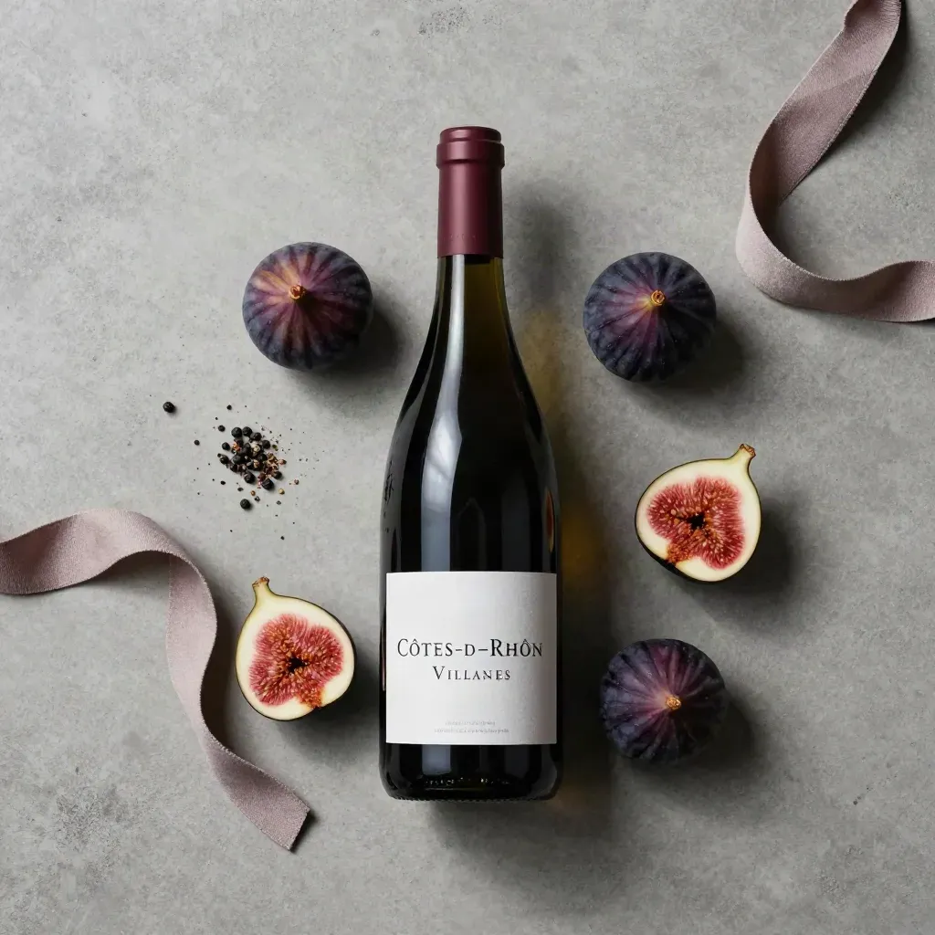 Bouteille de Côtes-du-Rhône Villages, figues noires, poivre et ruban de lin sur béton.
