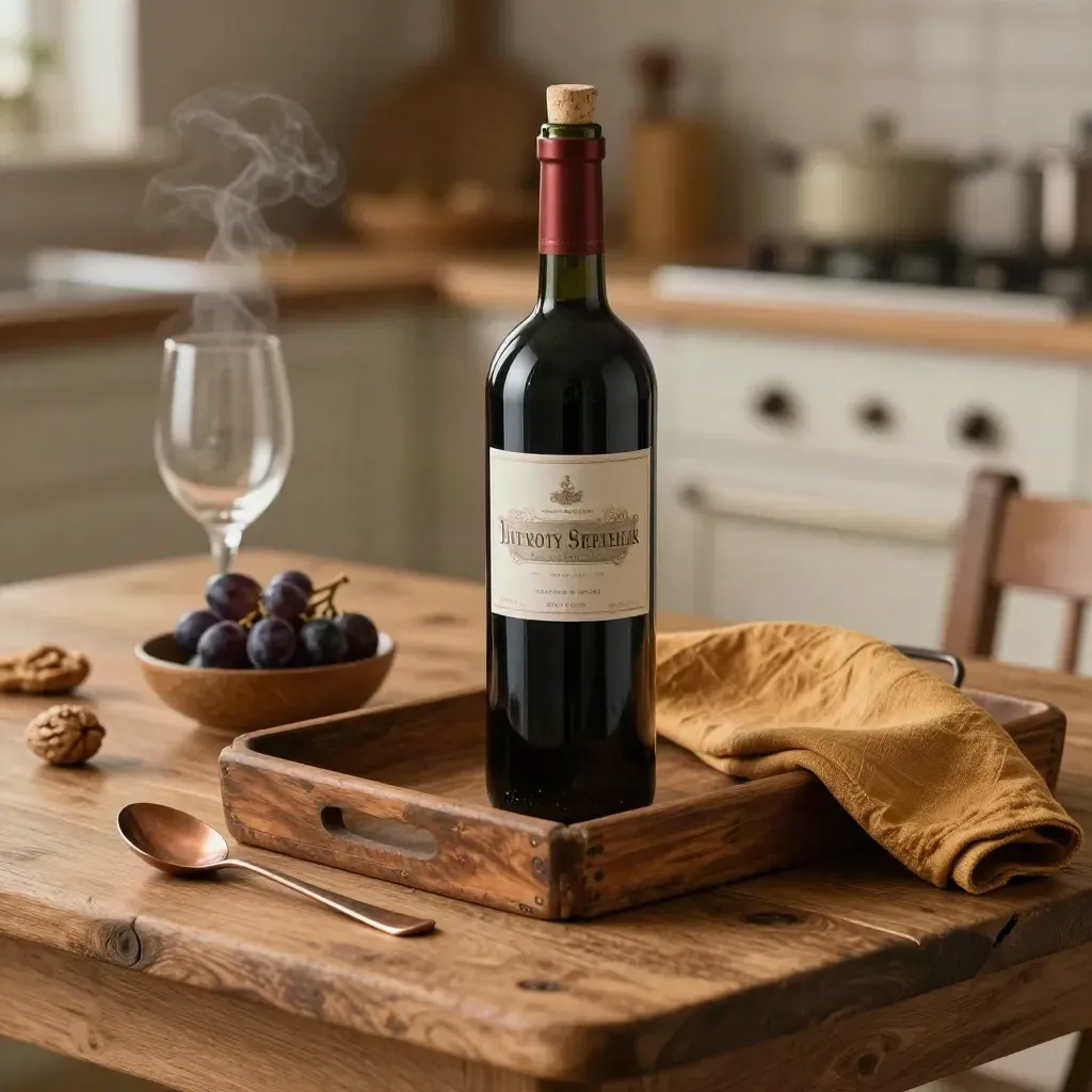 Bouteille de Bordeaux Supérieur avec plateau en bois, bol en noyer et linge ambré.