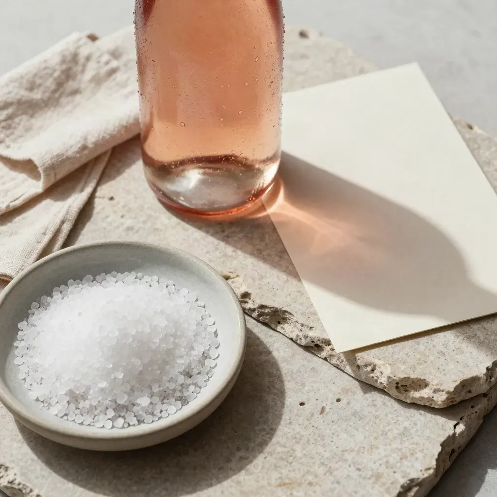 Bouteille de rosé, sel marin et lin blanchi sur une pierre claire, lumière rasante.