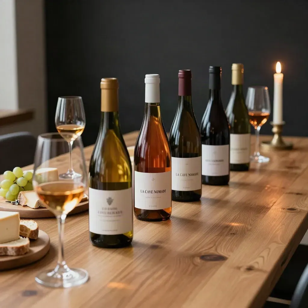 Dégustation à domicile avec six bouteilles, verres, fromages et bougies sur une grande table sombre.