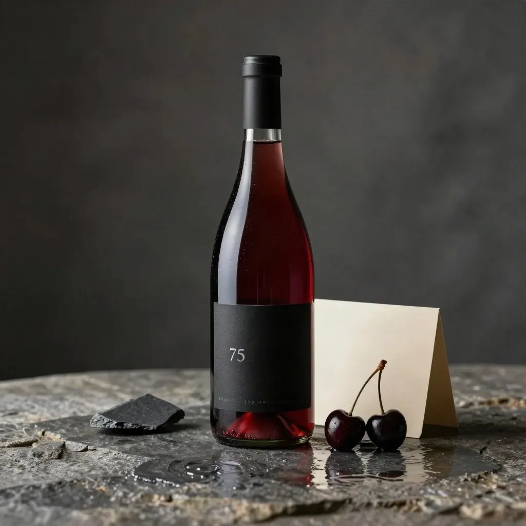 Bouteille de Chinon avec cerises noires, ardoise et pierre humide en lumière de cave.