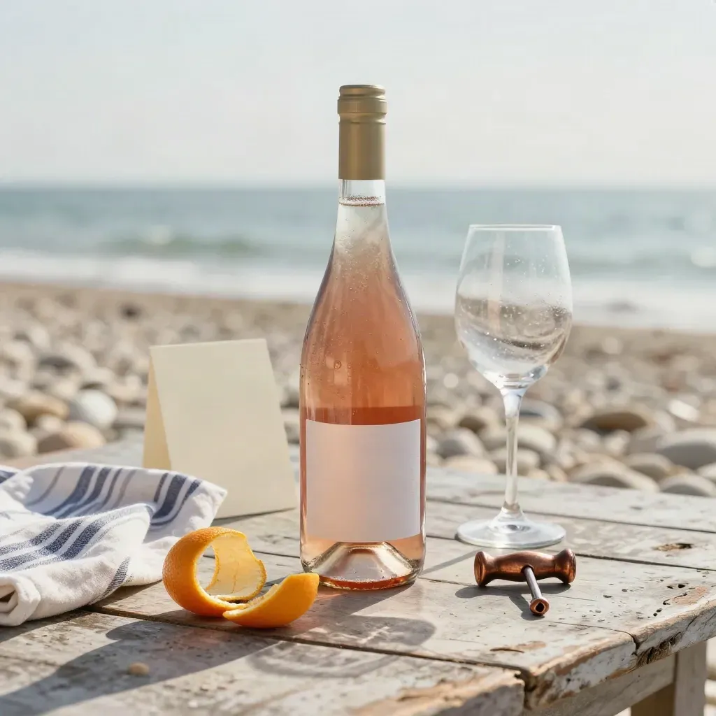 Bouteille de rosé Bandol sur table de bord de mer avec galets, torchon rayé et zeste d’agrume.