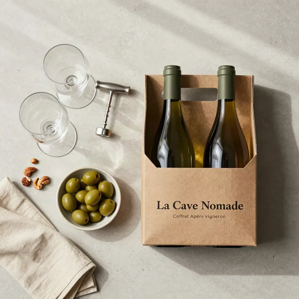 Coffret apéro avec deux bouteilles, olives, noix, tire-bouchon et verres vus du dessus.
