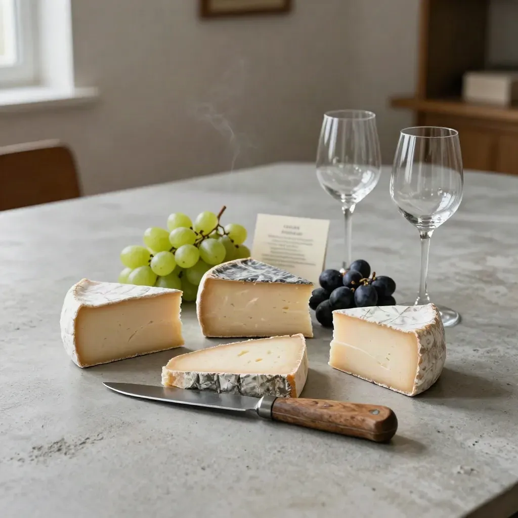 Plateau d’accords fromages avec raisins, pain et deux verres dans une ambiance de cave.