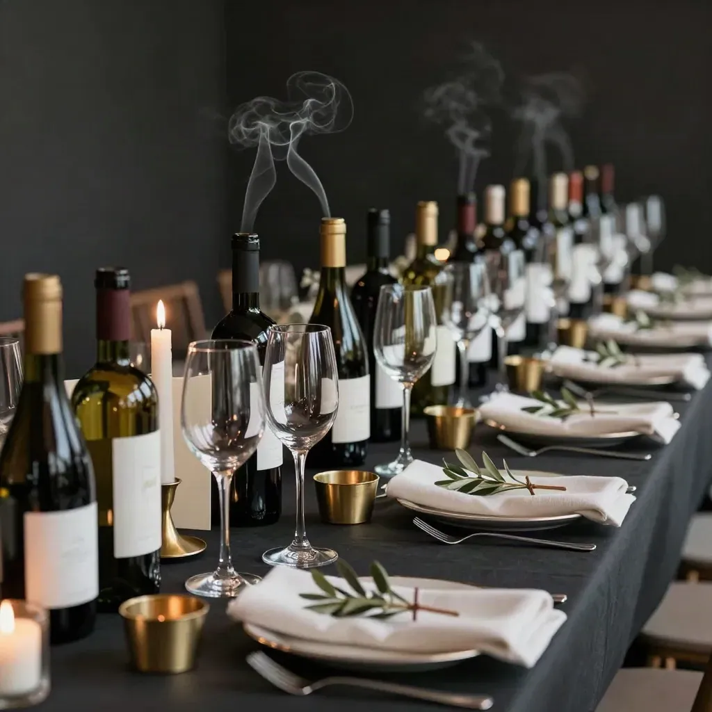Table de mariage avec bouteilles de vin, flûtes, bougies et linge blanc.