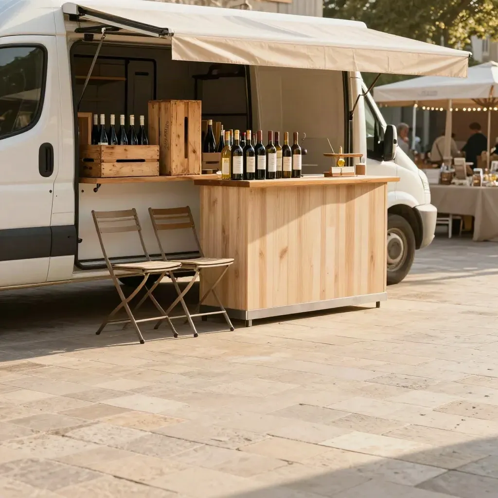 Van de dégustation mobile au marché, lumière dorée et espace calme pour le texte.