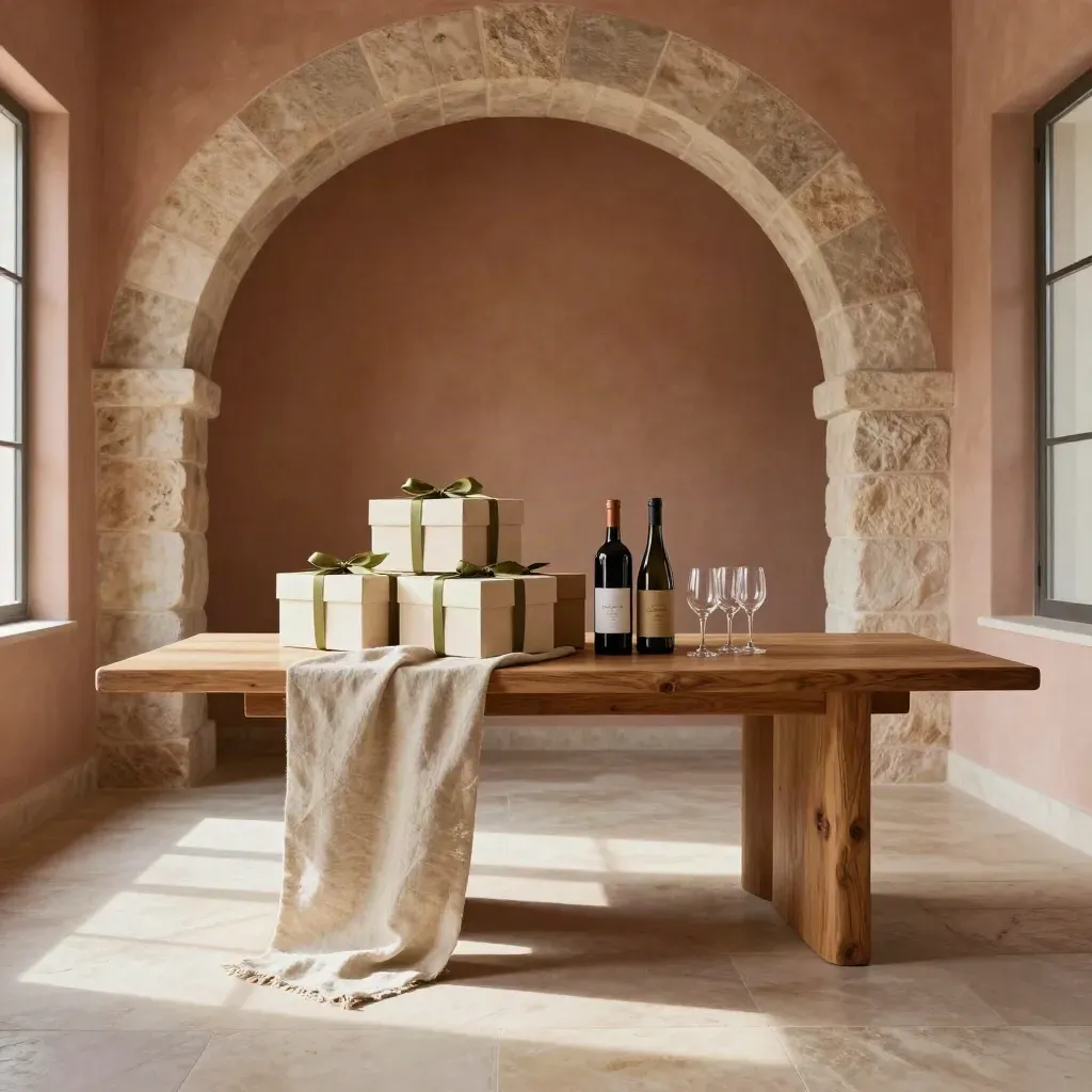 Intérieur en pierre chaude avec arches, table en chêne et coffrets cadeau de vin en lumière douce.
