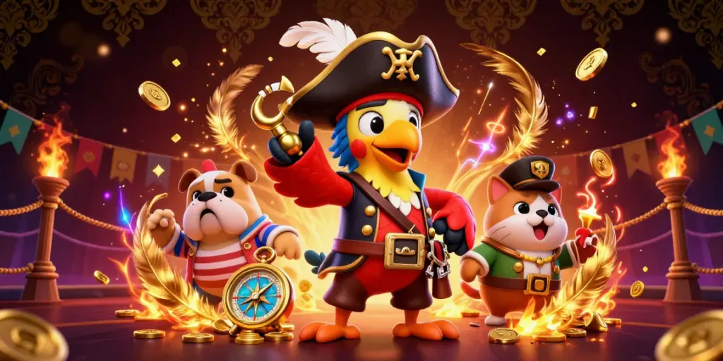 Engage in thrilling gameplay with rtzz as the pirate captain parrot leads in a vibrant casino arena.