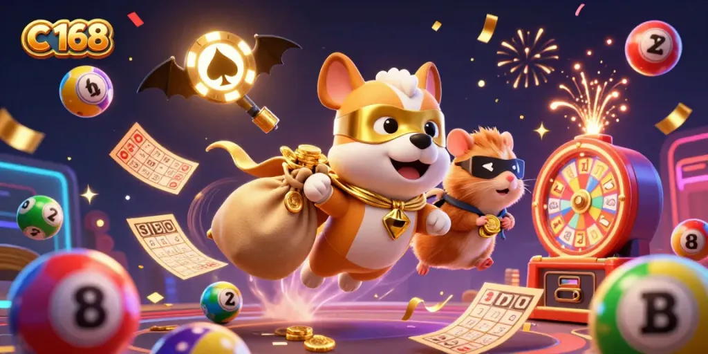 Experience the thrill with c 168 as the superhero dog soars, carrying gold coins amidst festive casino elements.