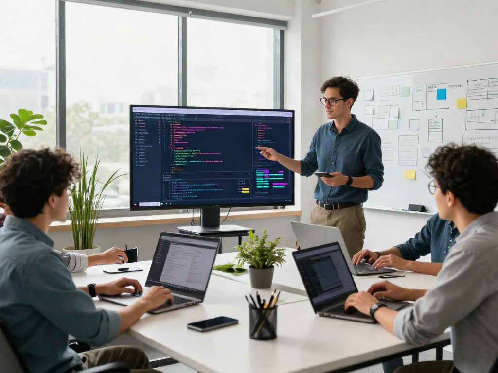 Une équipe dynamique de développeurs logiciels collaborant sur Iron tv pro dans un bureau moderne.