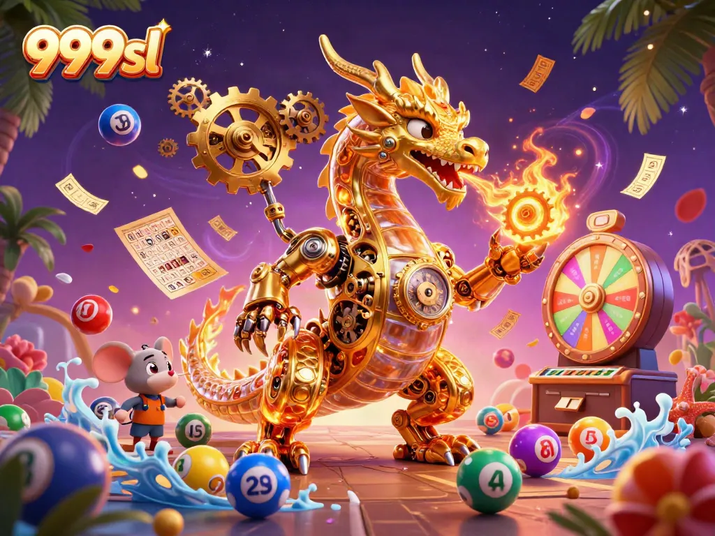 Engage in thrilling action with the 999sl dragon, surrounded by vibrant lottery elements and a dynamic casino atmosphere.