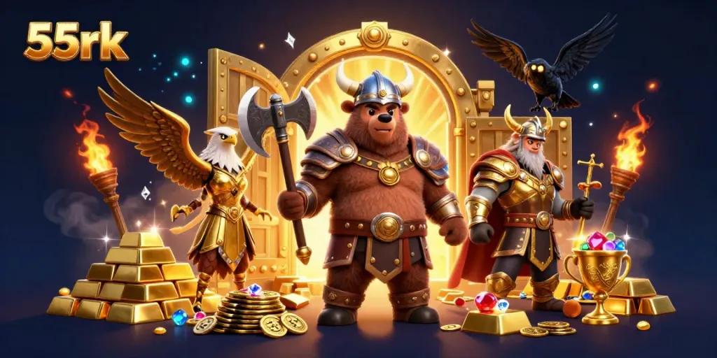 Experience the thrill of 55rk with this dynamic Viking and Valkyrie scene, showcasing riches and excitement.