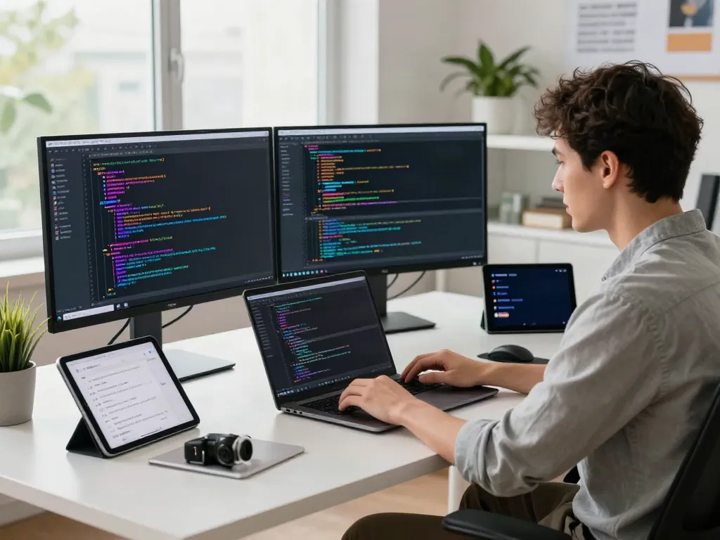 Innovative workspace showcasing uncensored AI chat development with coding tools and tech gadgets.