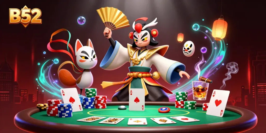 B52 players engage in a vibrant poker scene with cartoon characters and colorful game elements.
