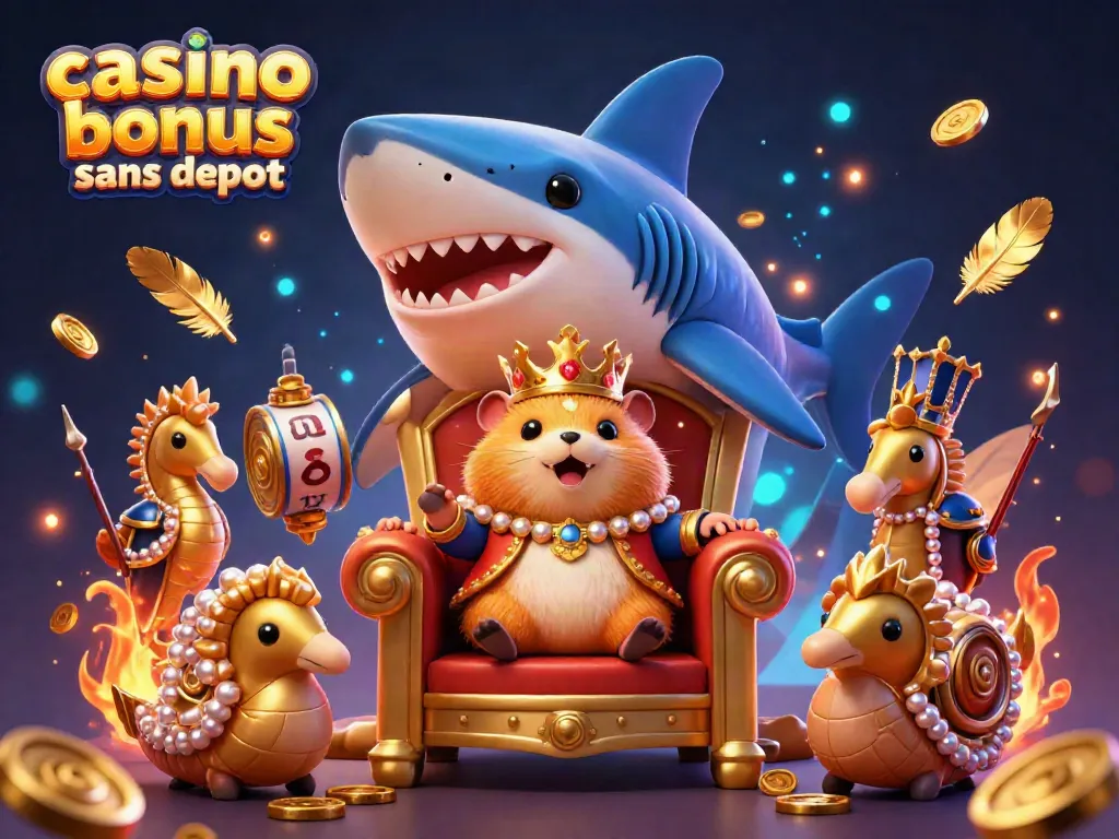 Découvrez le roi hamster en or sur son trône de dents de requin dans un univers de casino bonus sans dépôt.