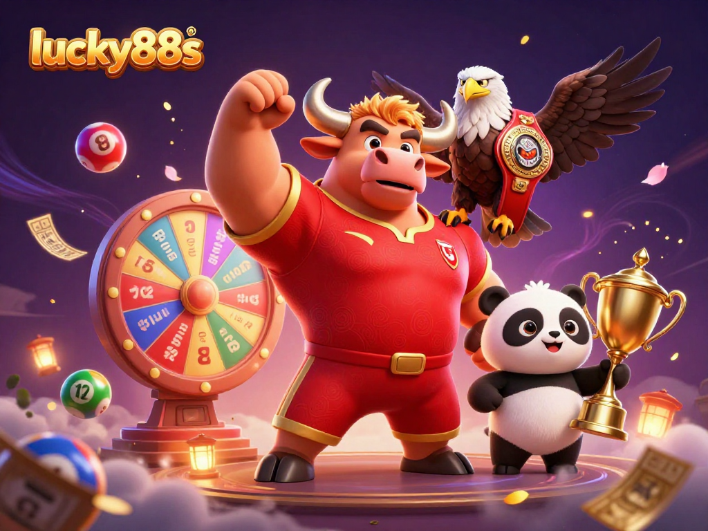 Engage with lucky88s for thrilling lottery vibes with a triumphant bull mascot, eagle, and panda surrounded by dynamic prizes.