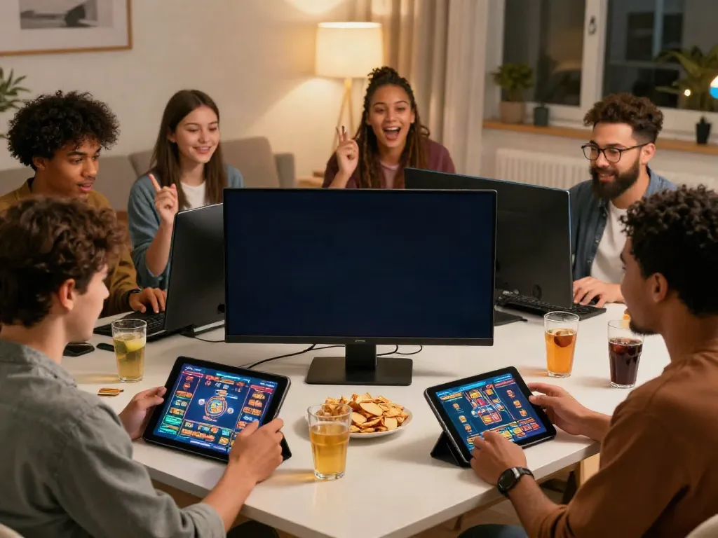 Groupe d'amis jouant à un Casino Gratuit sans depot dans un salon moderne.