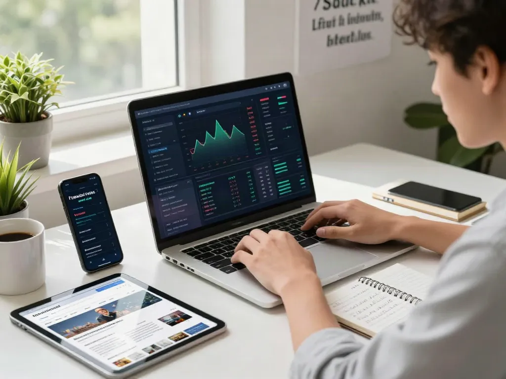 Interface de trading AI sur la-essorinvexaro.com, professionnel analysant les marchés sur ordinateur portable dans un bureau moderne.